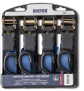 CINTA DE AMARRE CON CRIQUE 25 mm x 5 m 350 kg. (blister x 4 u.) BREMEN® - BR7691