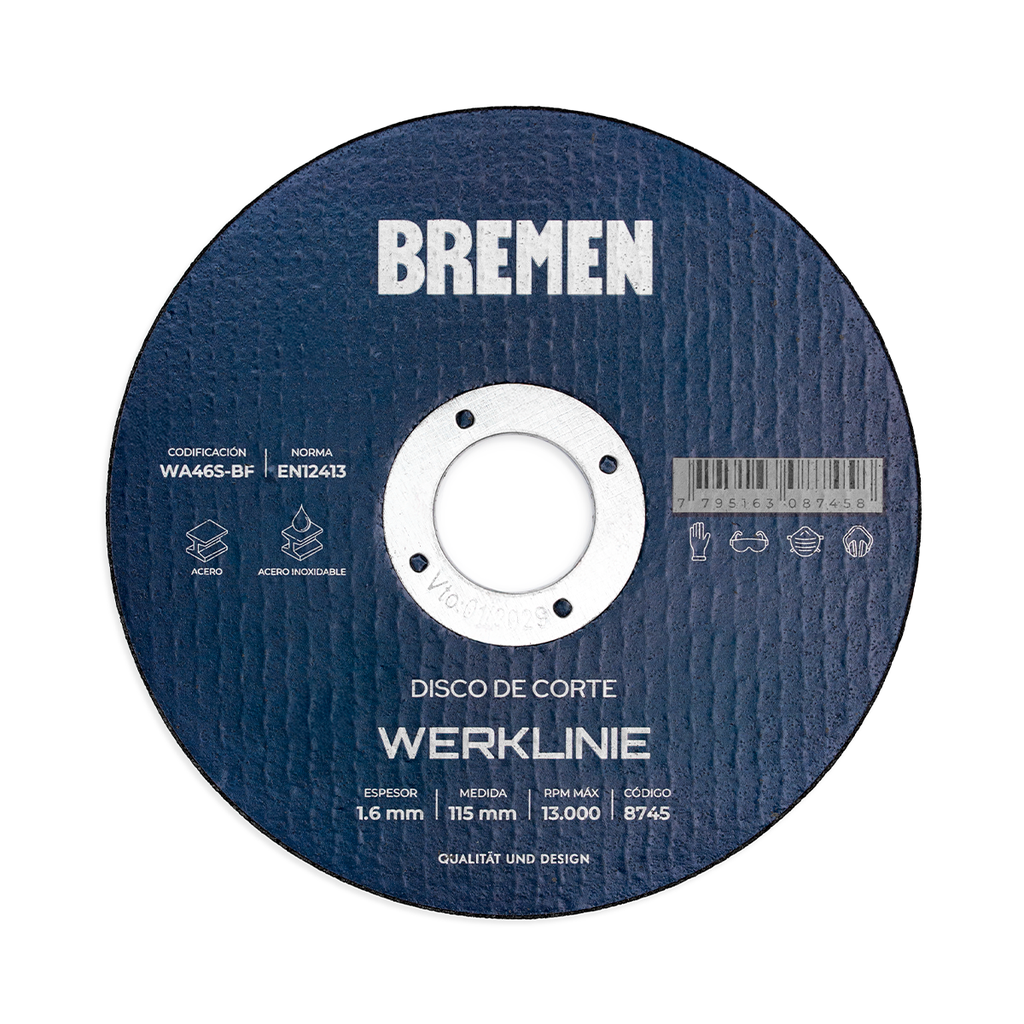 DISCO DE CORTE WERKLINIE 4-1/2" [115x1.6x22mm] (x50 unid.) (Lata) BREMEN® - BR8745