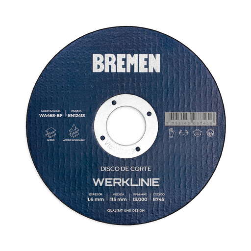 [BR8745] DISCO DE CORTE WERKLINIE 4-1/2" [115x1.6x22mm] (x50 unid.) (Lata) BREMEN® - BR8745